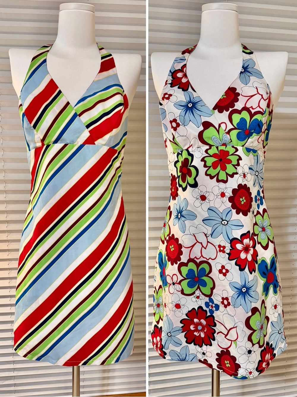 Y2K era Reversible Striped & Pop Floral Vintage Halter Dress